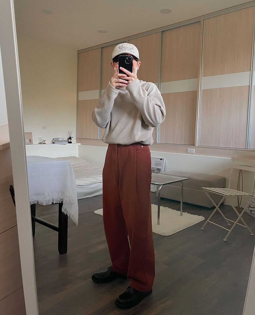 OPPAKOREA 大打褶深磚紅牛仔寬褲