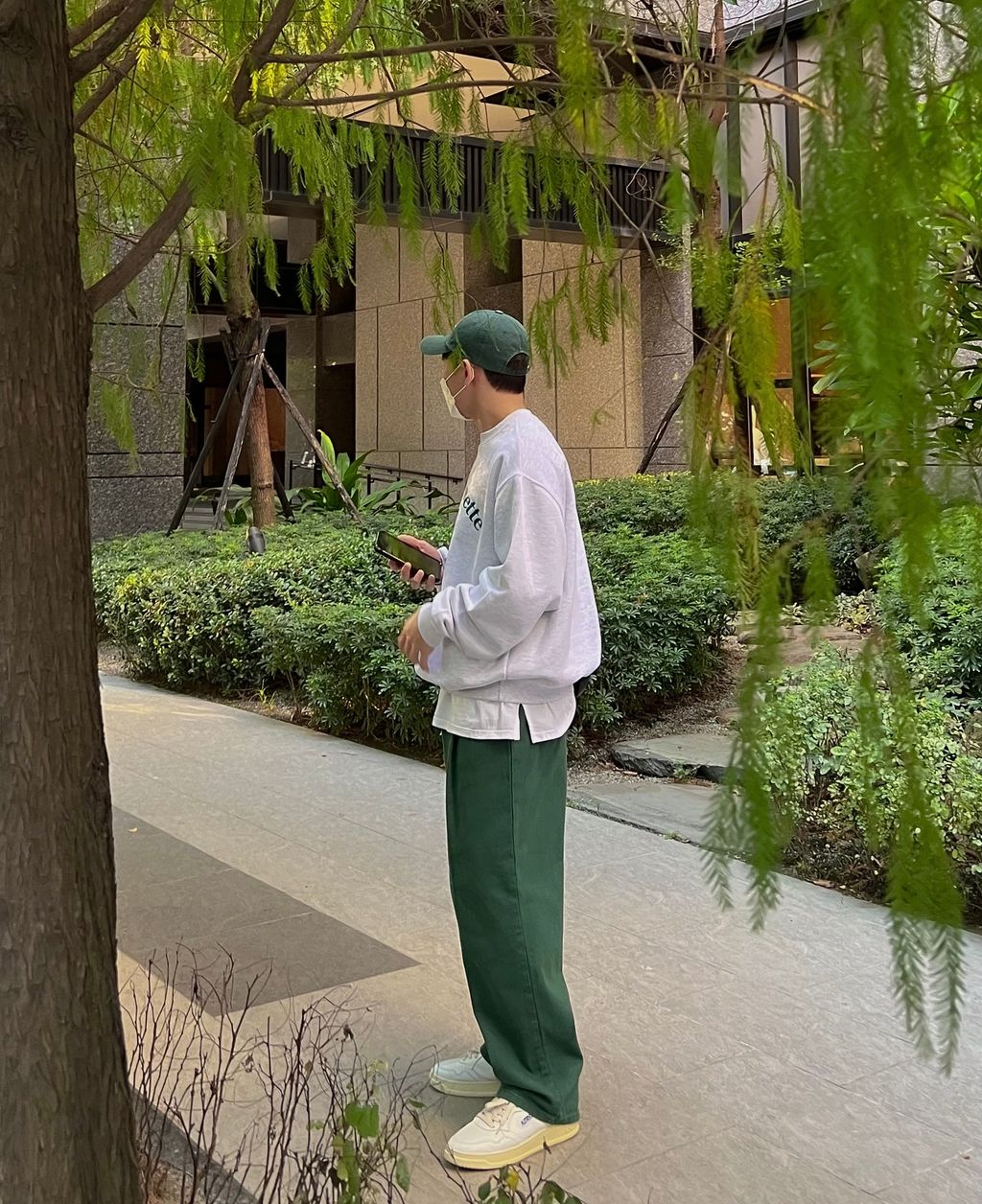 OPPAKOREA 大打褶深綠牛仔寬褲