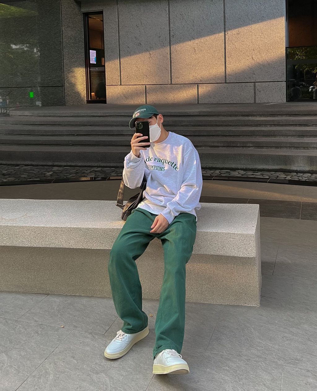 OPPAKOREA 大打褶深綠牛仔寬褲