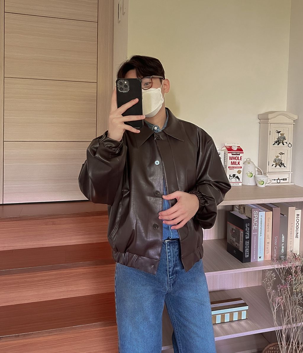 OPPAKOREA 隱藏鈕扣短版皮革外套 (2色)