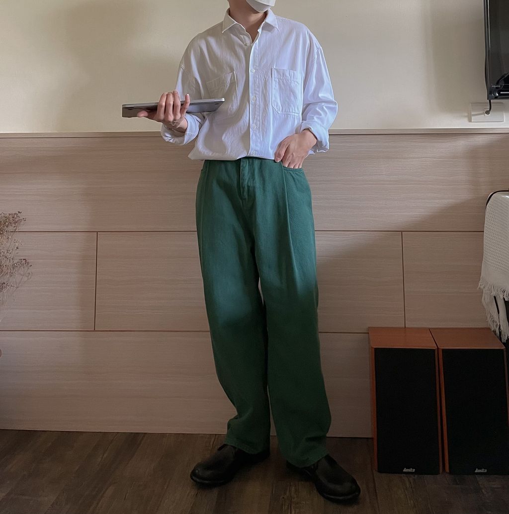 OPPAKOREA 大打褶深綠牛仔寬褲