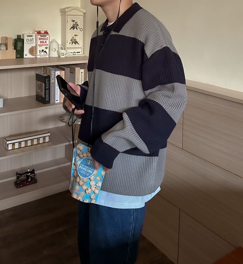 OPPAKOREA 翻領條紋厚磅針織衫 (4色)