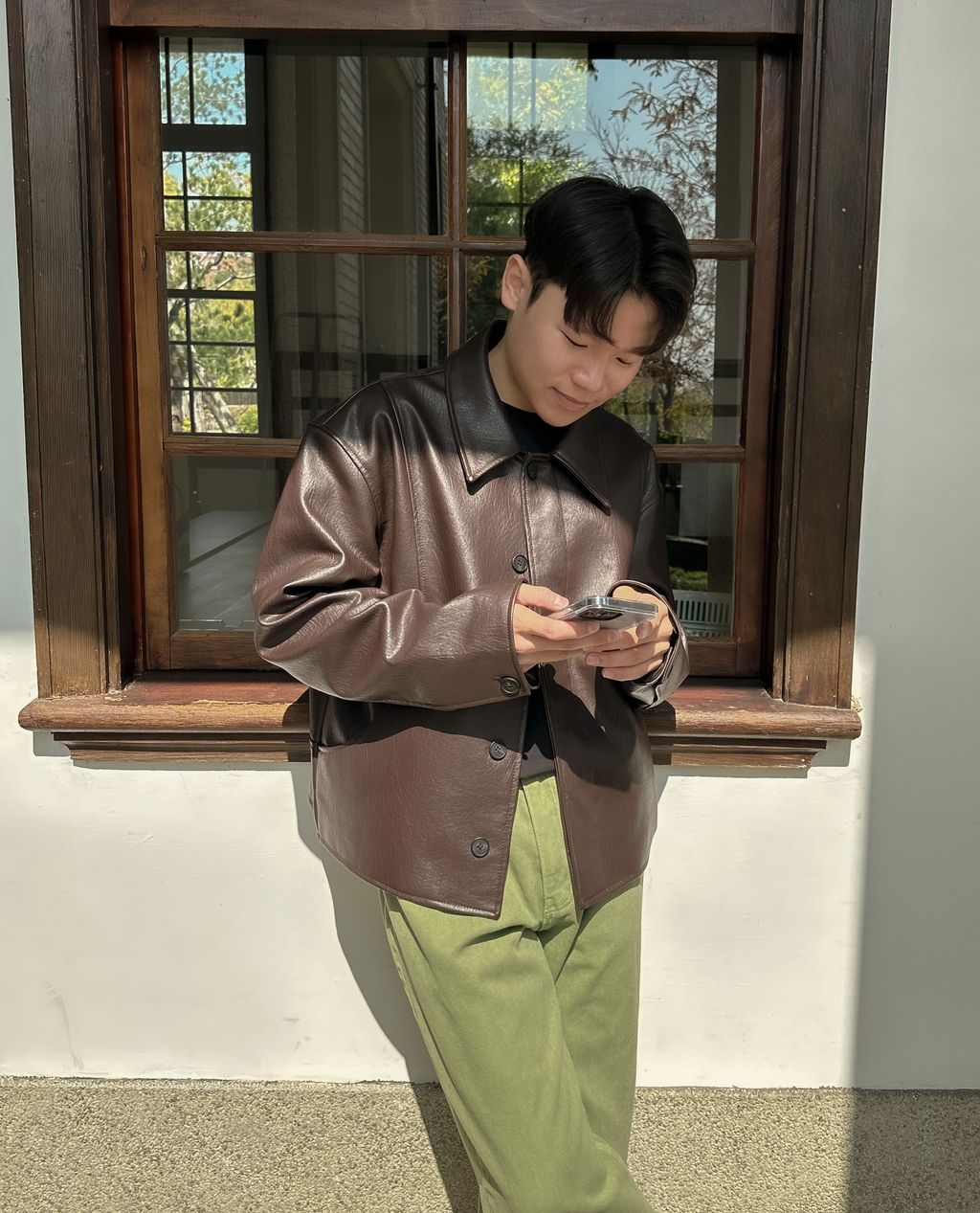 OPPAKOREA 弧形隱藏鈕扣皮革外套 (2色)