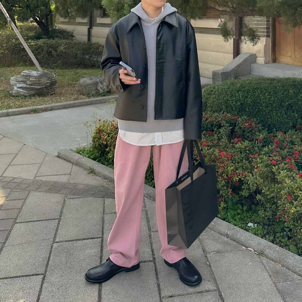 OPPAKOREA 弧形隱藏鈕扣皮革外套 (2色)