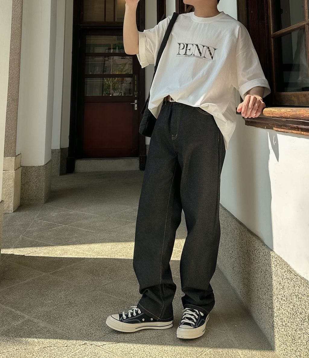 OPPAKOREA Penn 復古英字寬鬆短T (2色) (優質精梳棉材質)