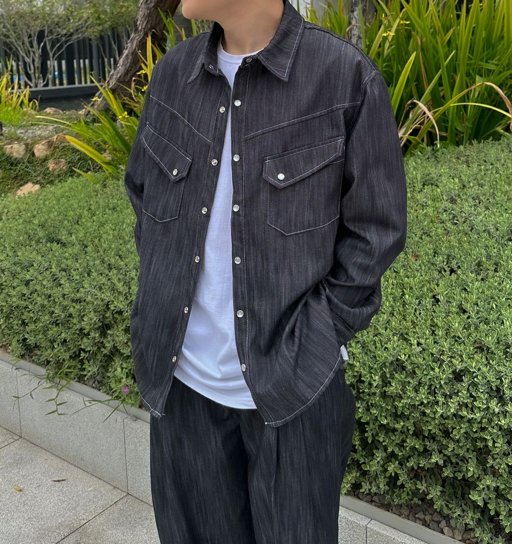 OPPAKOREA 兩褶細紋牛仔寬褲 (無染色單寧)(可搭配套裝)