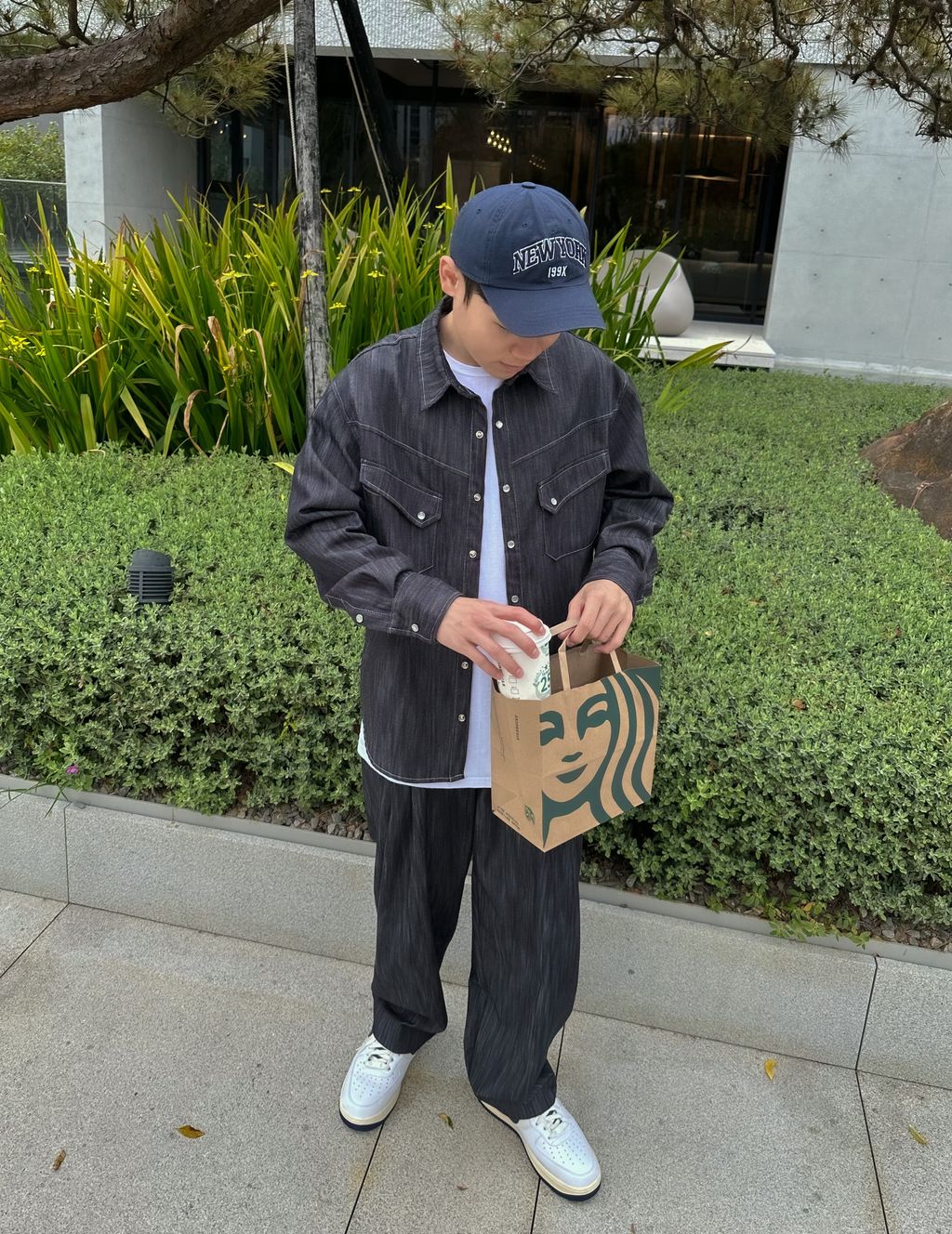 OPPAKOREA 兩褶細紋牛仔寬褲 (無染色單寧)(可搭配套裝)