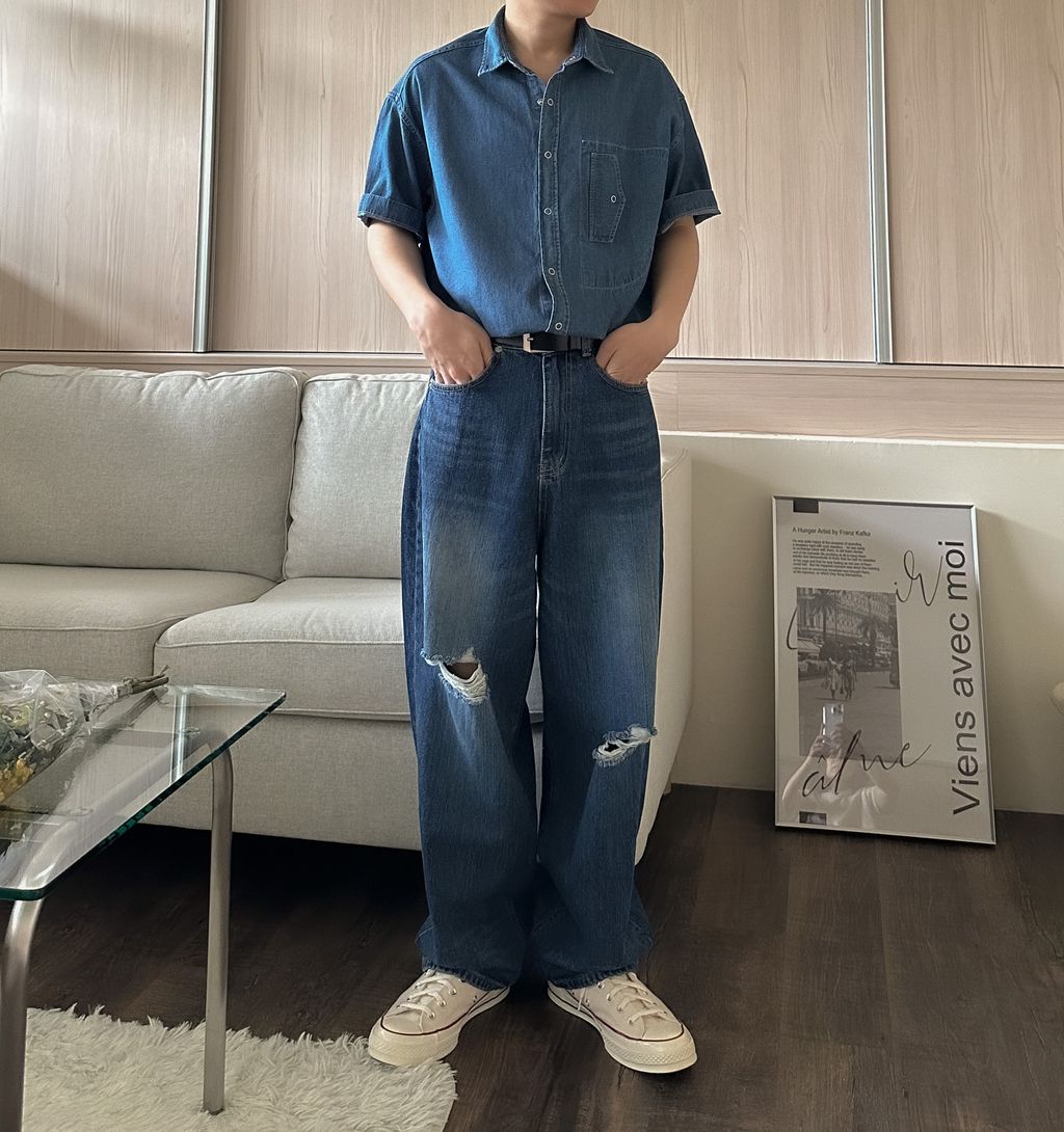 OPPAKOREA 側口袋牛仔短袖襯衫 (2色)