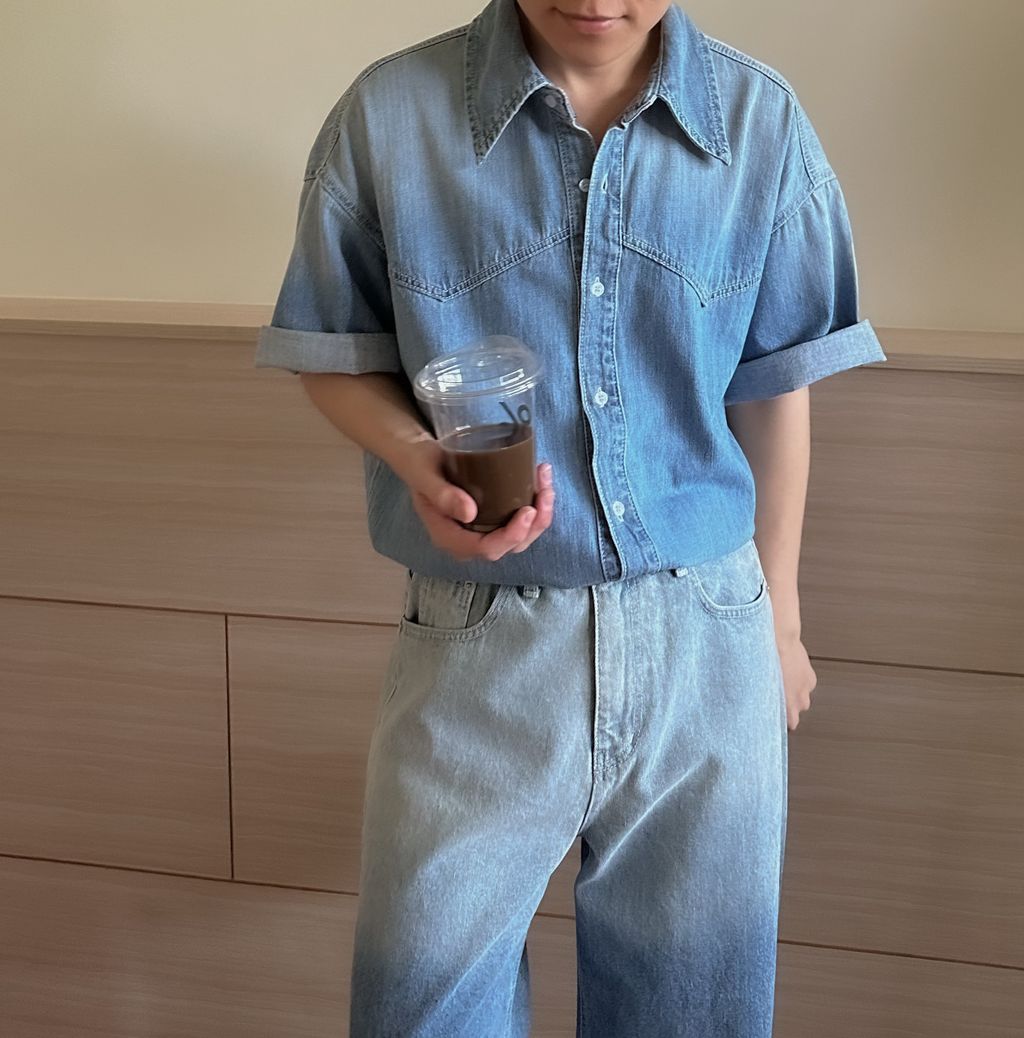 OPPAKOREA 水洗漸層拼接牛仔短袖襯衫 (可搭配套裝)