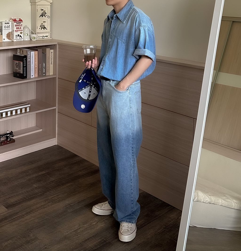 OPPAKOREA 水洗漸層拼接牛仔短袖襯衫 (可搭配套裝)