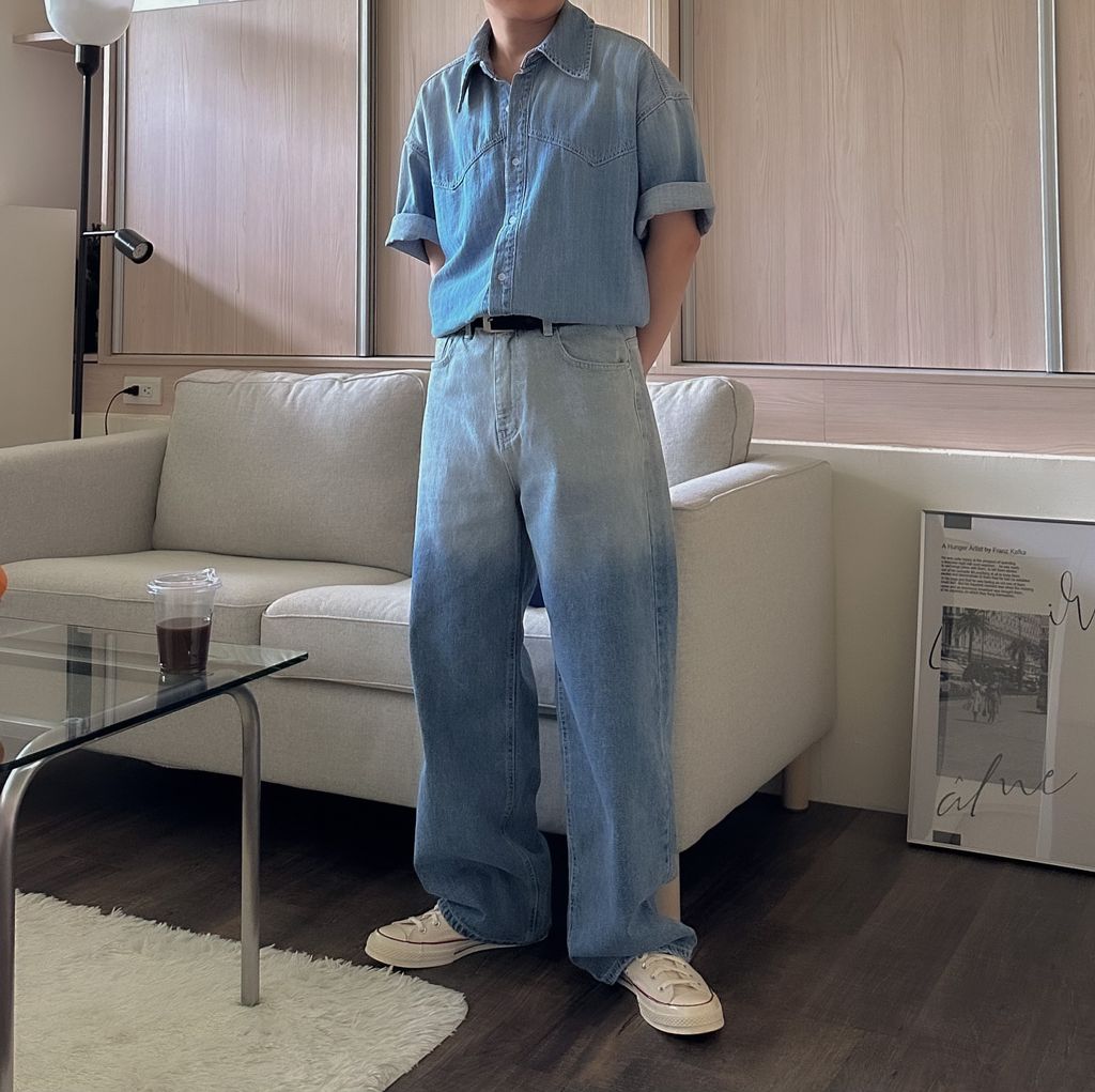 OPPAKOREA 水洗漸層拼接牛仔短袖襯衫 (可搭配套裝)