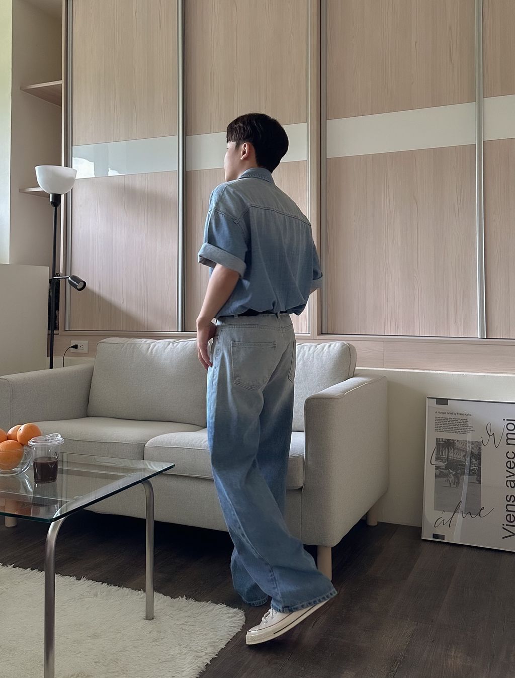 OPPAKOREA 水洗漸層拼接牛仔短袖襯衫 (可搭配套裝)