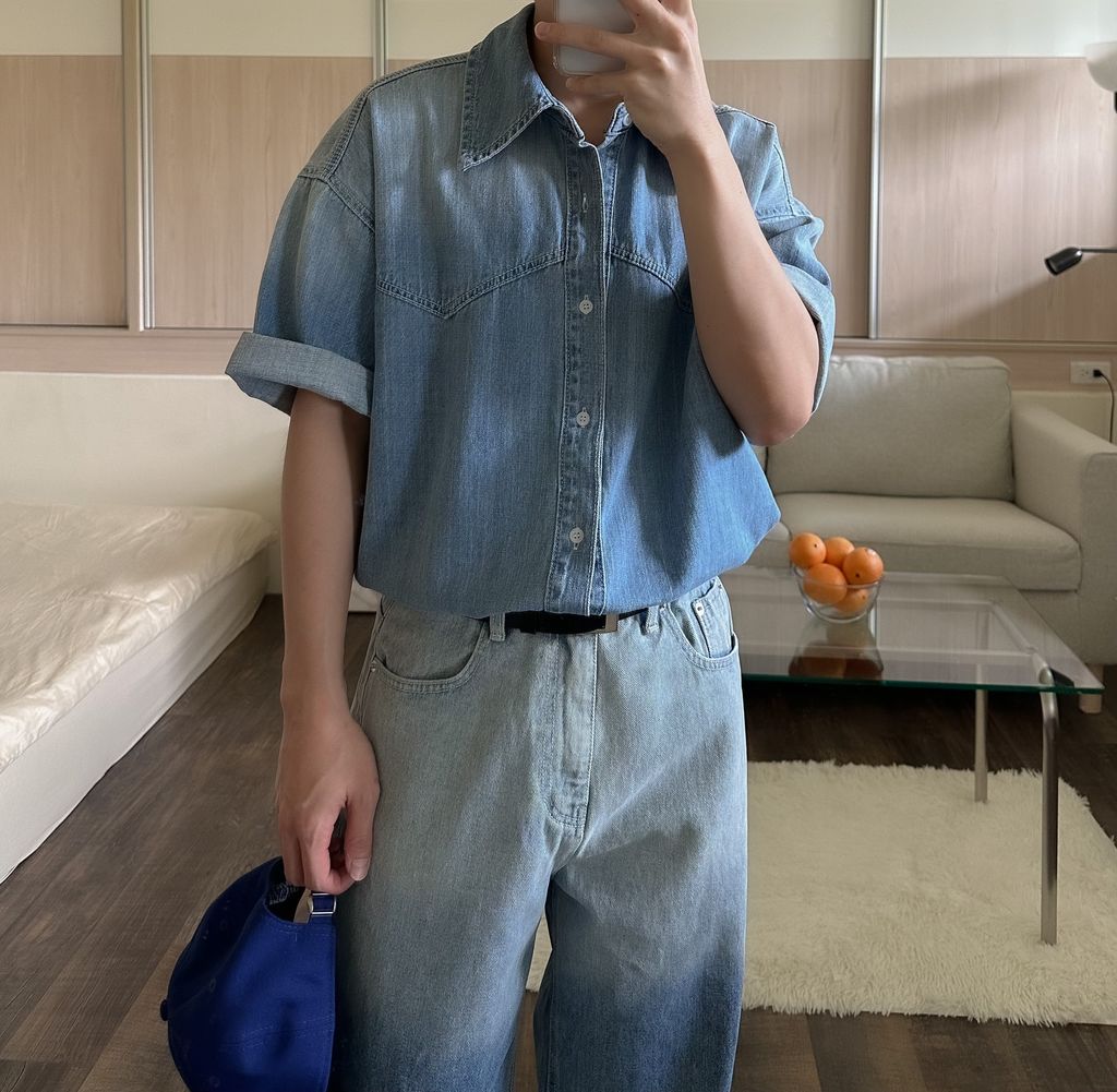 OPPAKOREA 水洗漸層拼接牛仔短袖襯衫 (可搭配套裝)