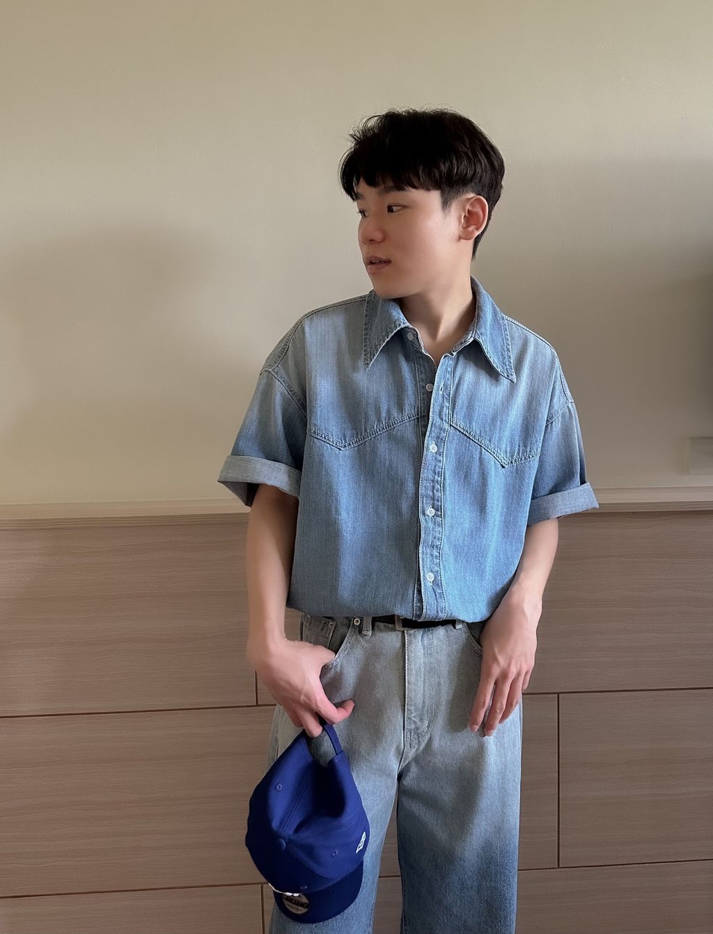 OPPAKOREA 水洗漸層拼接牛仔短袖襯衫 (可搭配套裝)