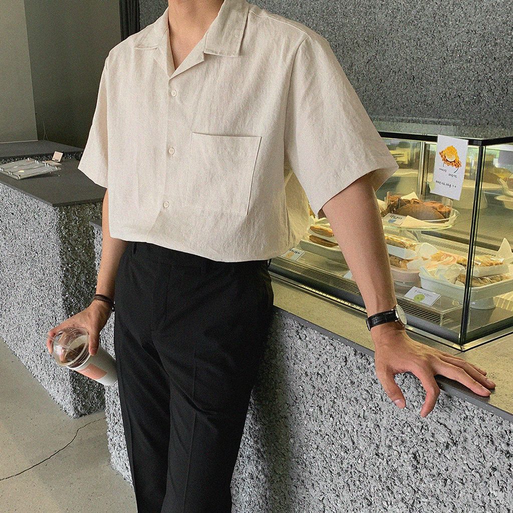 OPPAKOREA 亞麻棉開襟領短袖襯衫 (3色)