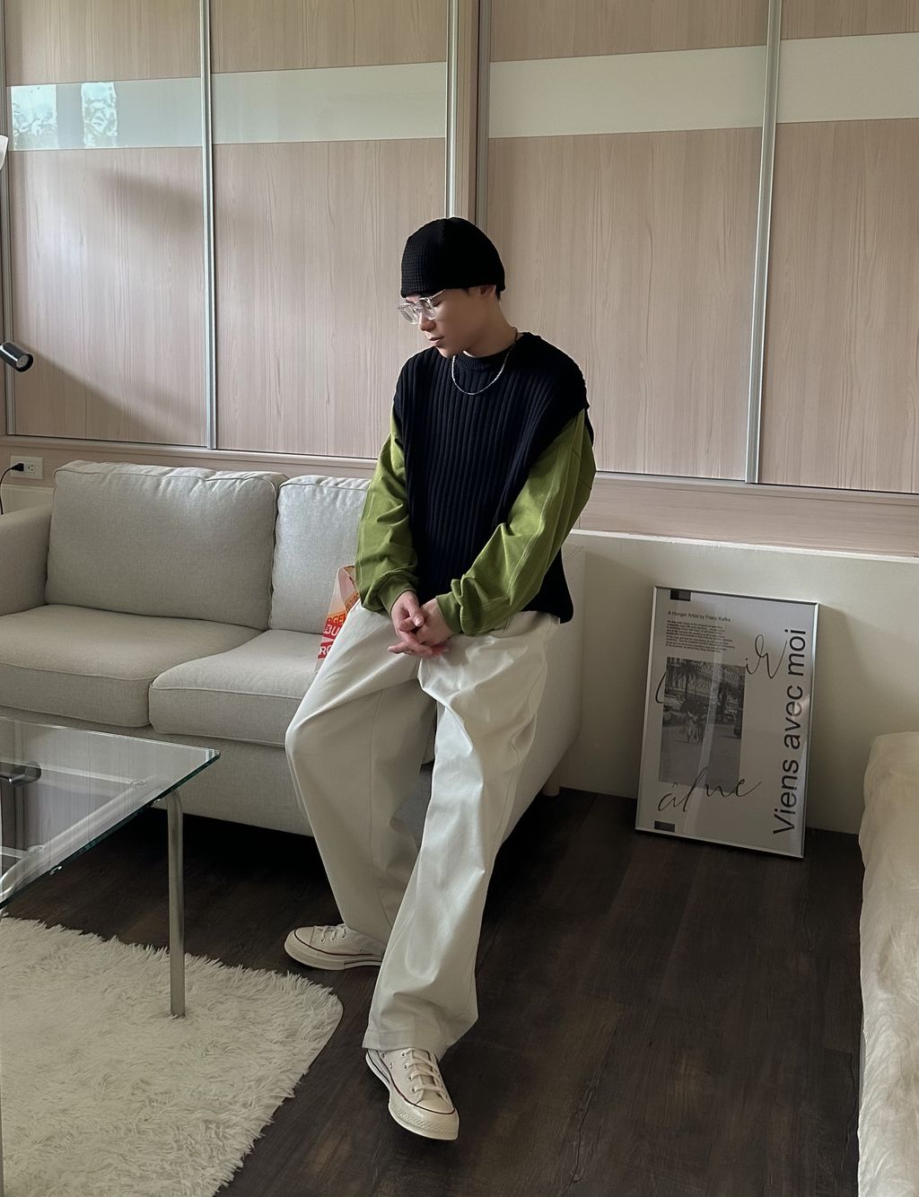 OPPAKOREA 車線弧形剪裁工作寬褲 (3色)