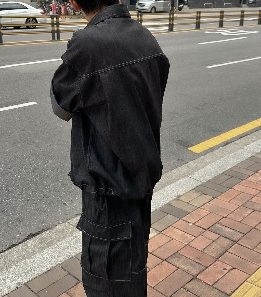 OPPAKOREA 口袋亞麻牛仔抽繩短袖襯衫