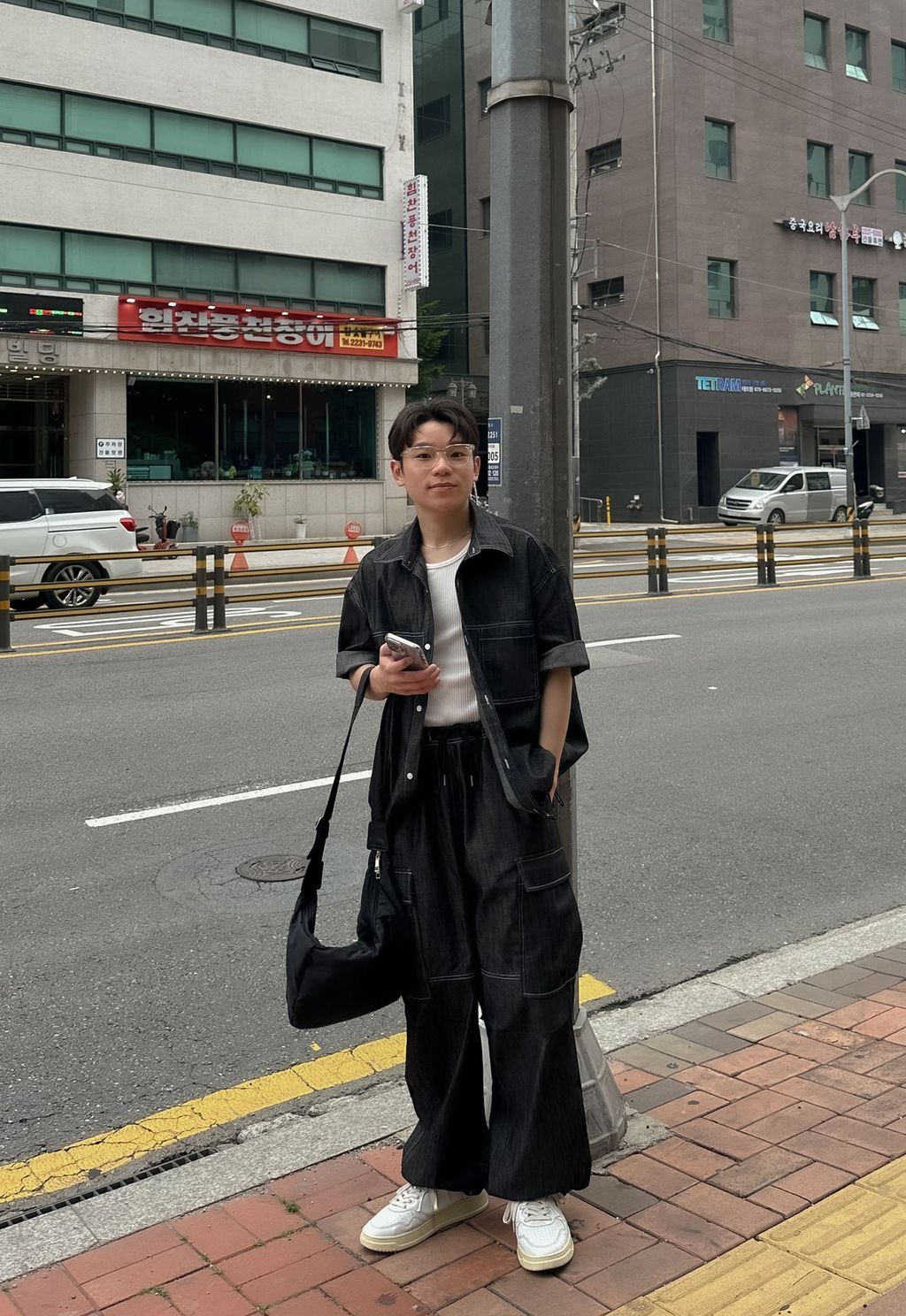 OPPAKOREA 口袋亞麻牛仔抽繩短袖襯衫