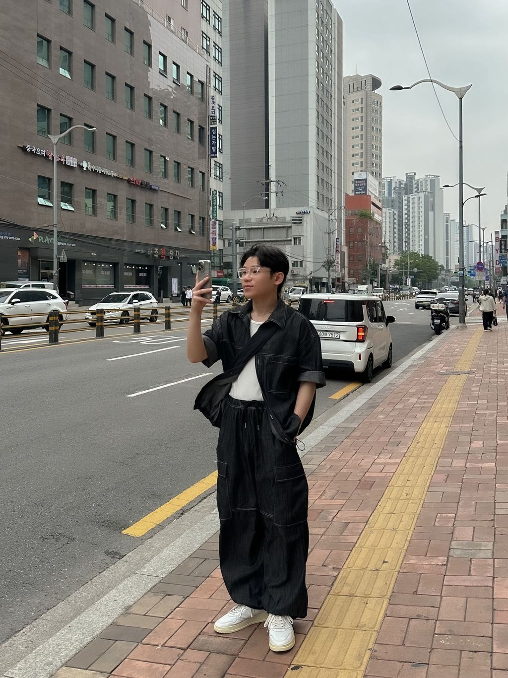 OPPAKOREA 口袋亞麻牛仔抽繩短袖襯衫