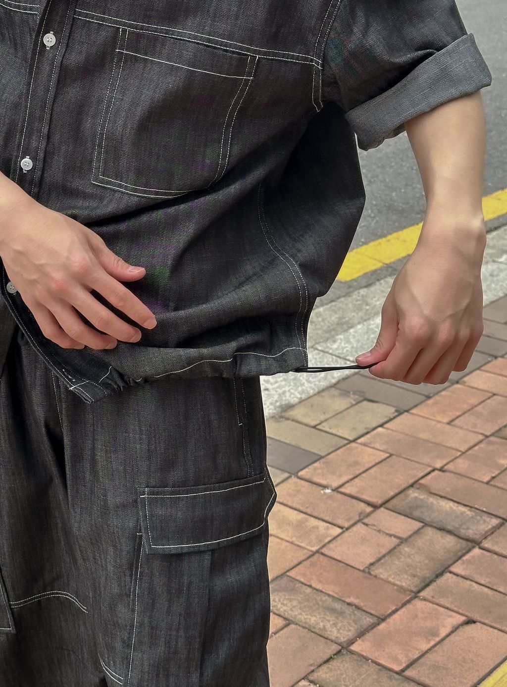 OPPAKOREA 口袋亞麻牛仔抽繩短袖襯衫