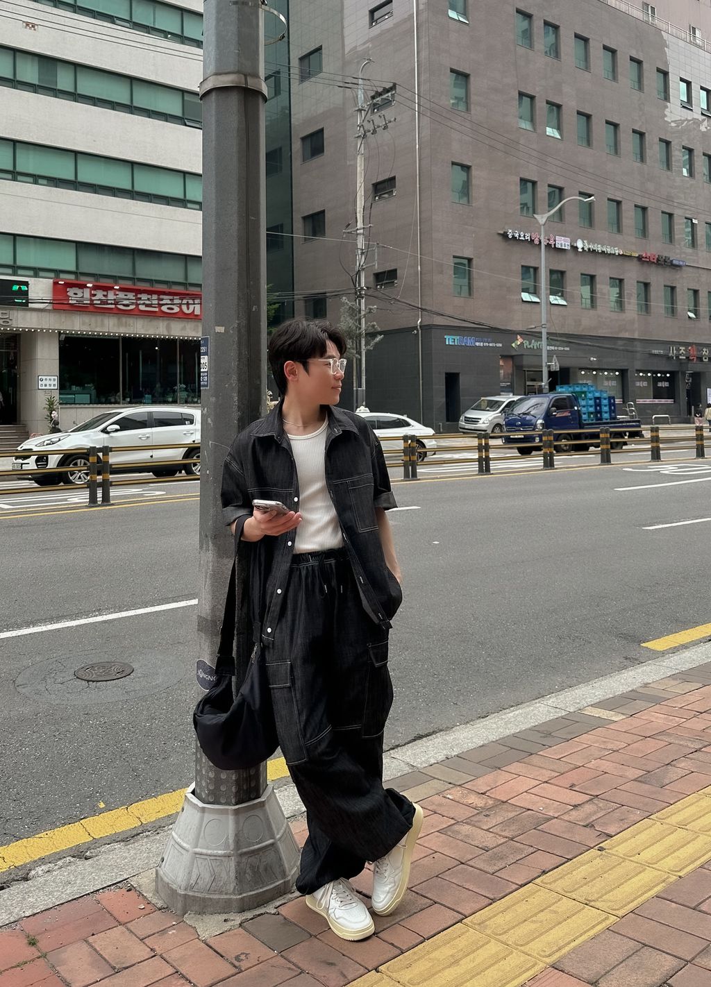 OPPAKOREA 口袋亞麻牛仔抽繩短袖襯衫