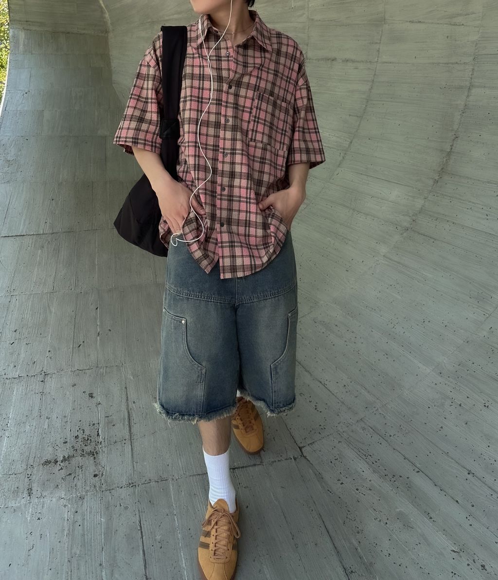 OPPAKOREA Vintage 格紋泡泡紗短袖襯衫