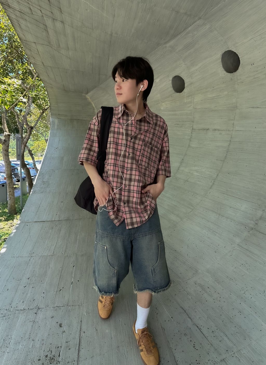 OPPAKOREA Vintage 格紋泡泡紗短袖襯衫