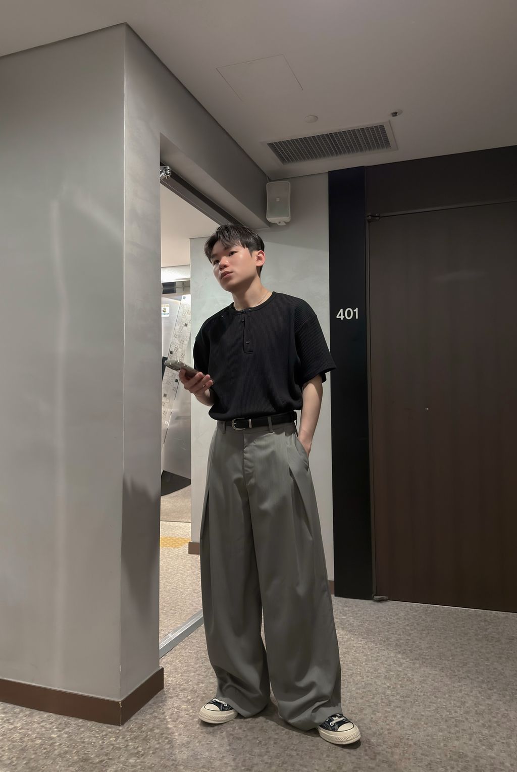 OPPAKOREA 亨利領斜扣華夫格短T (3色)