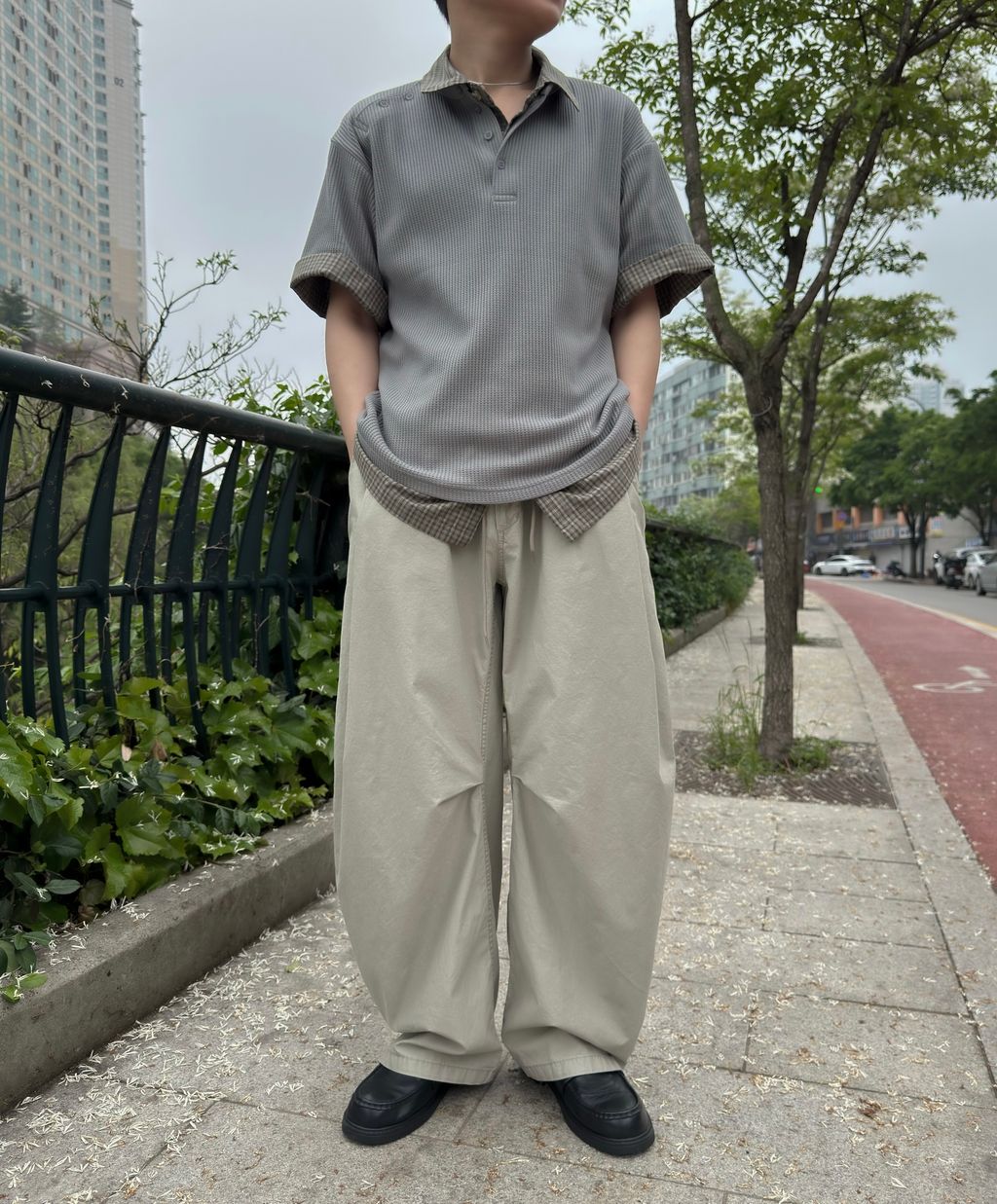 OPPAKOREA 亨利領斜扣華夫格短T (3色)