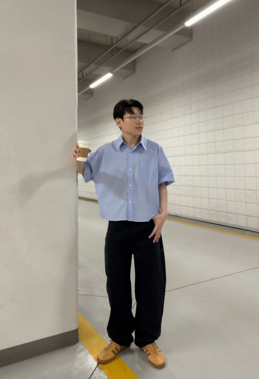 OPPAKOREA 口袋短版條紋短袖襯衫 (2色)