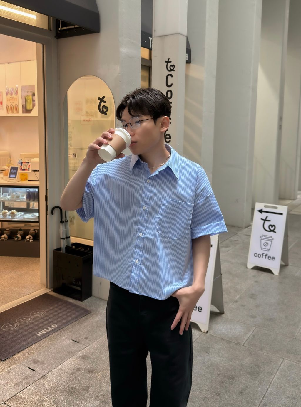 OPPAKOREA 口袋短版條紋短袖襯衫 (2色)
