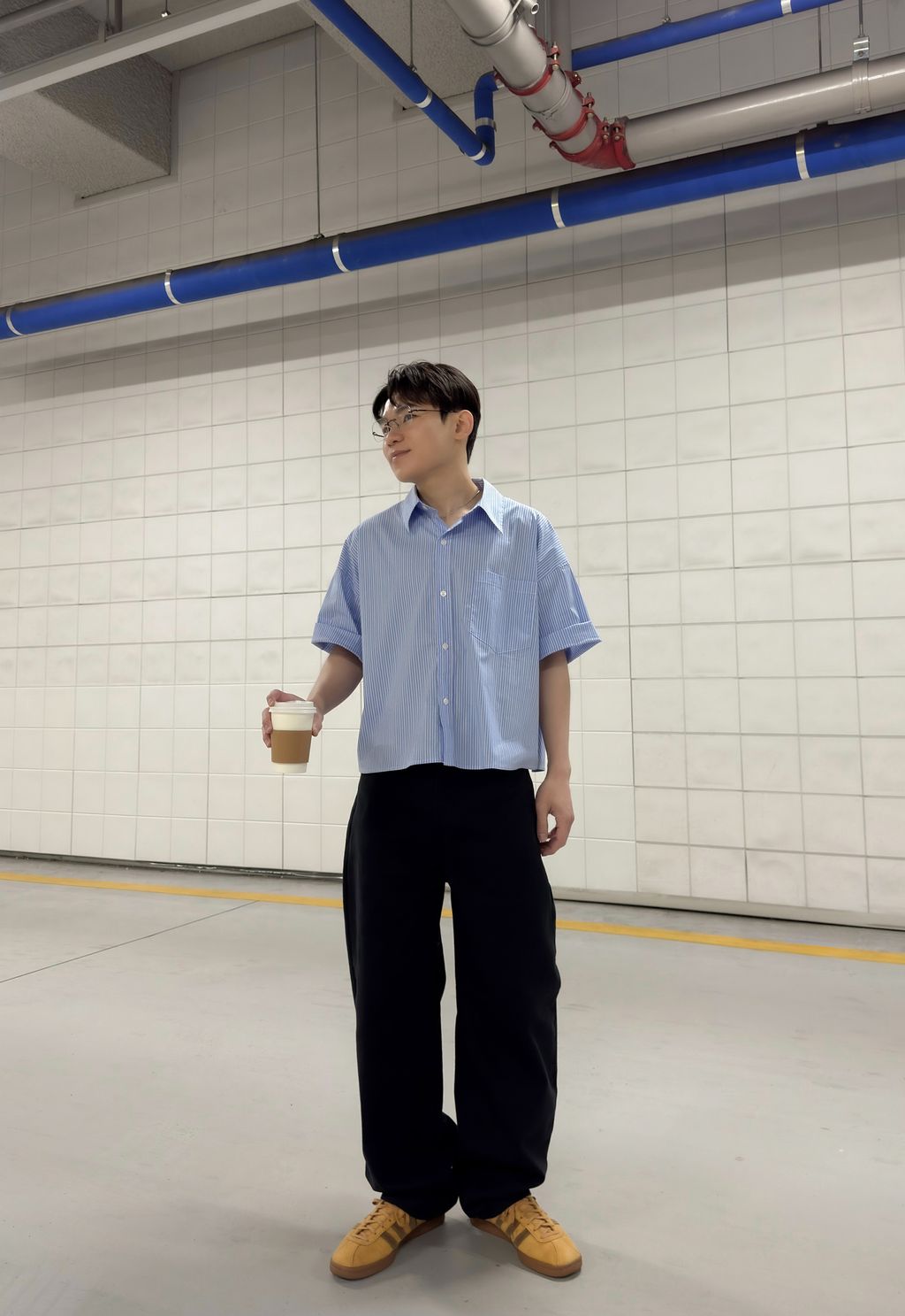 OPPAKOREA 口袋短版條紋短袖襯衫 (2色)