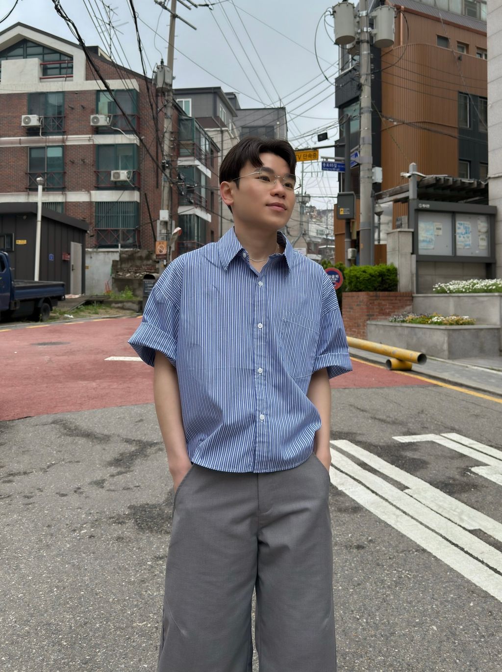 OPPAKOREA 口袋短版條紋短袖襯衫 (2色)