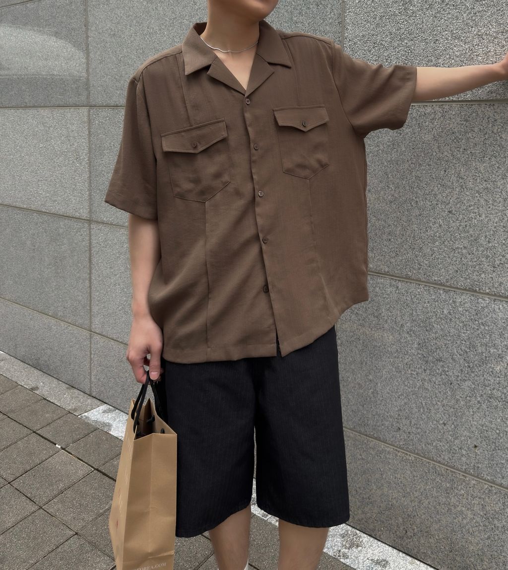 OPPAKOREA Cooling 切線口袋亞麻短袖襯衫 (3色)