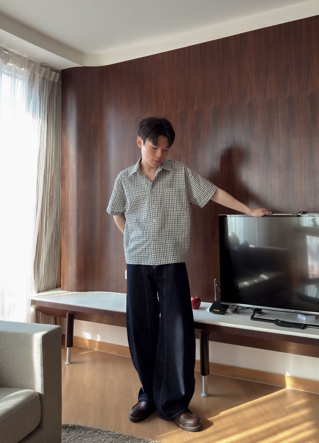 OPPAKOREA 泡泡紗格紋短版短袖襯衫 (3色)