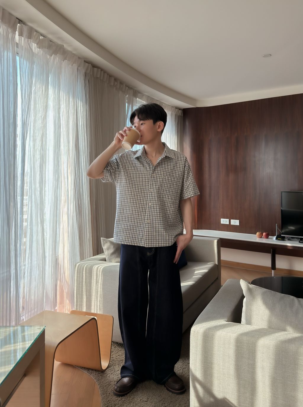 OPPAKOREA 泡泡紗格紋短版短袖襯衫 (3色)