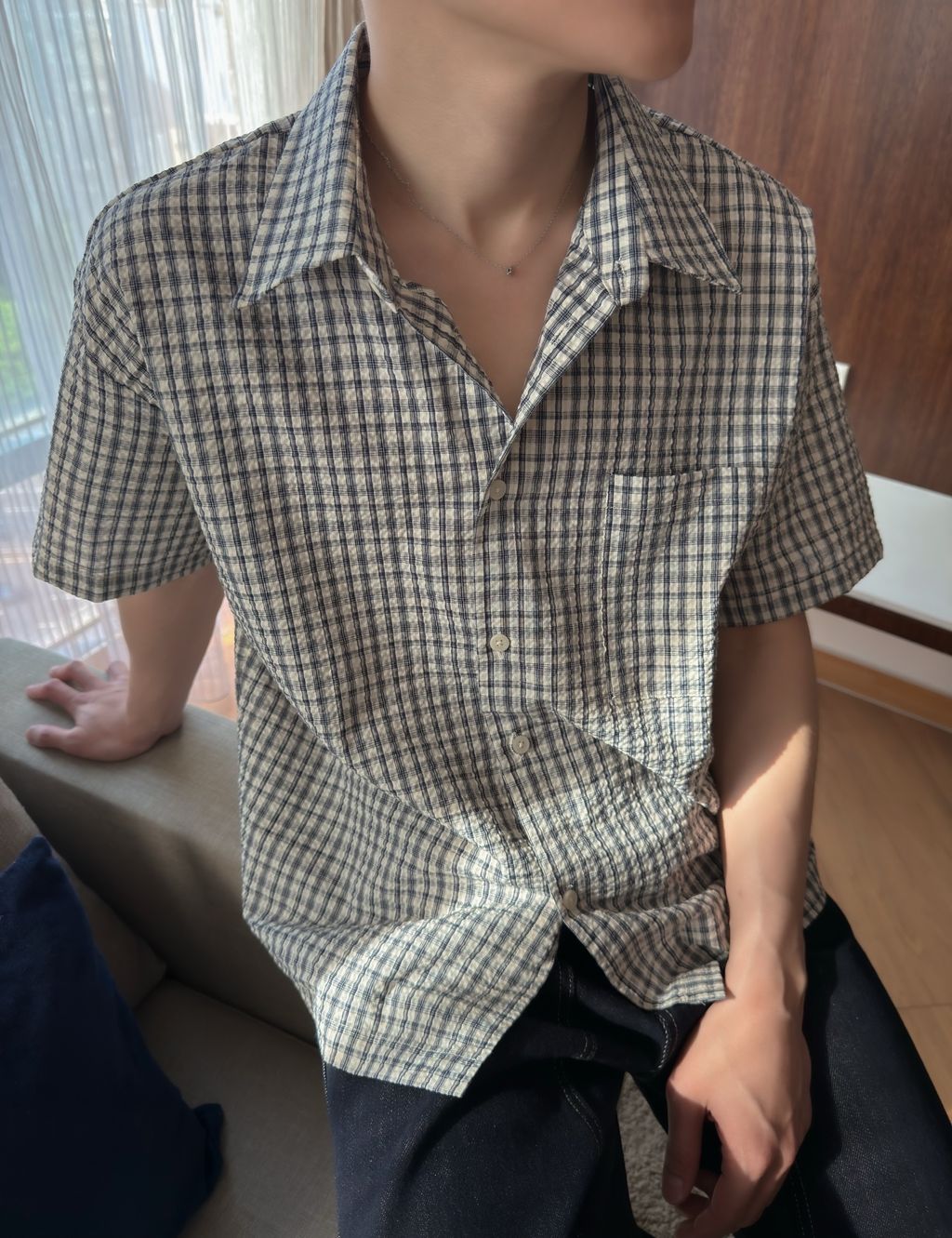 OPPAKOREA 泡泡紗格紋短版短袖襯衫 (3色)