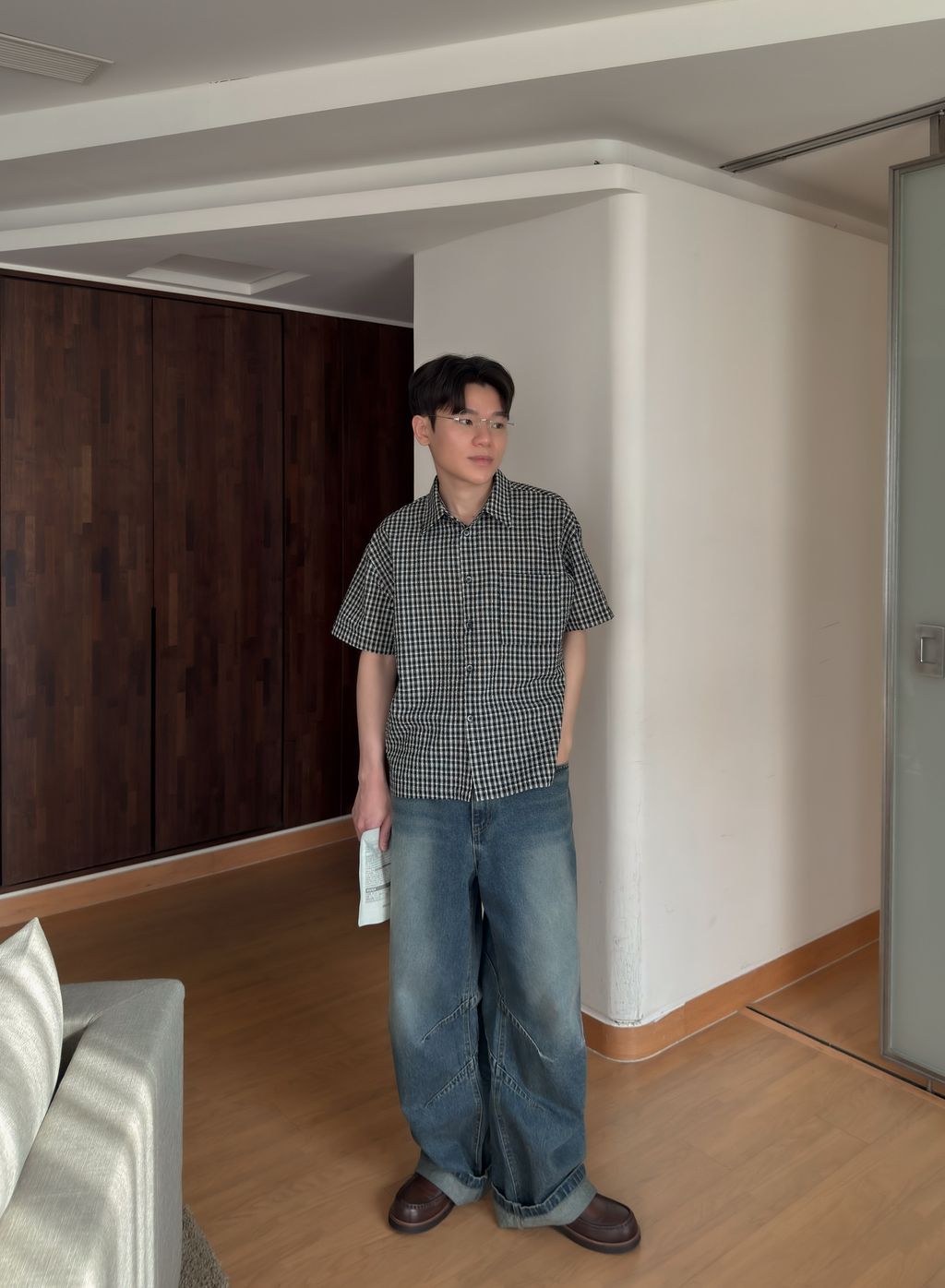 OPPAKOREA 泡泡紗格紋短版短袖襯衫 (3色)
