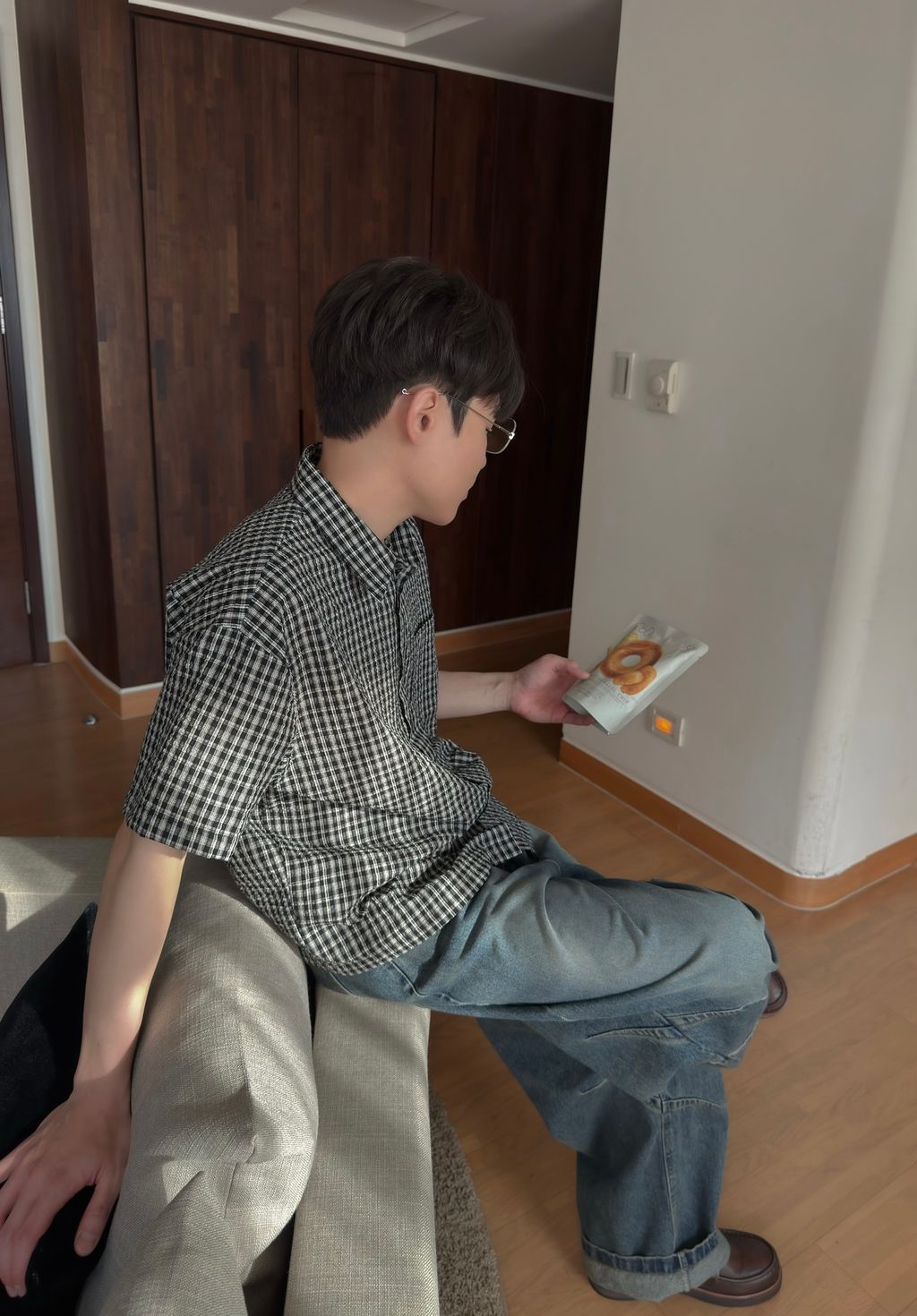 OPPAKOREA 泡泡紗格紋短版短袖襯衫 (3色)