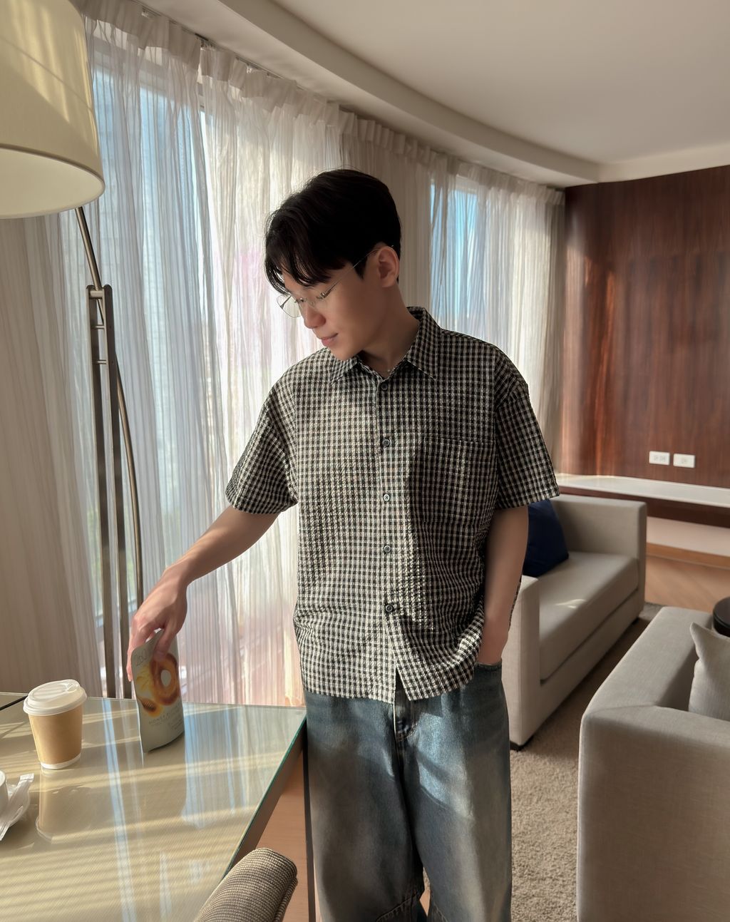OPPAKOREA 泡泡紗格紋短版短袖襯衫 (3色)