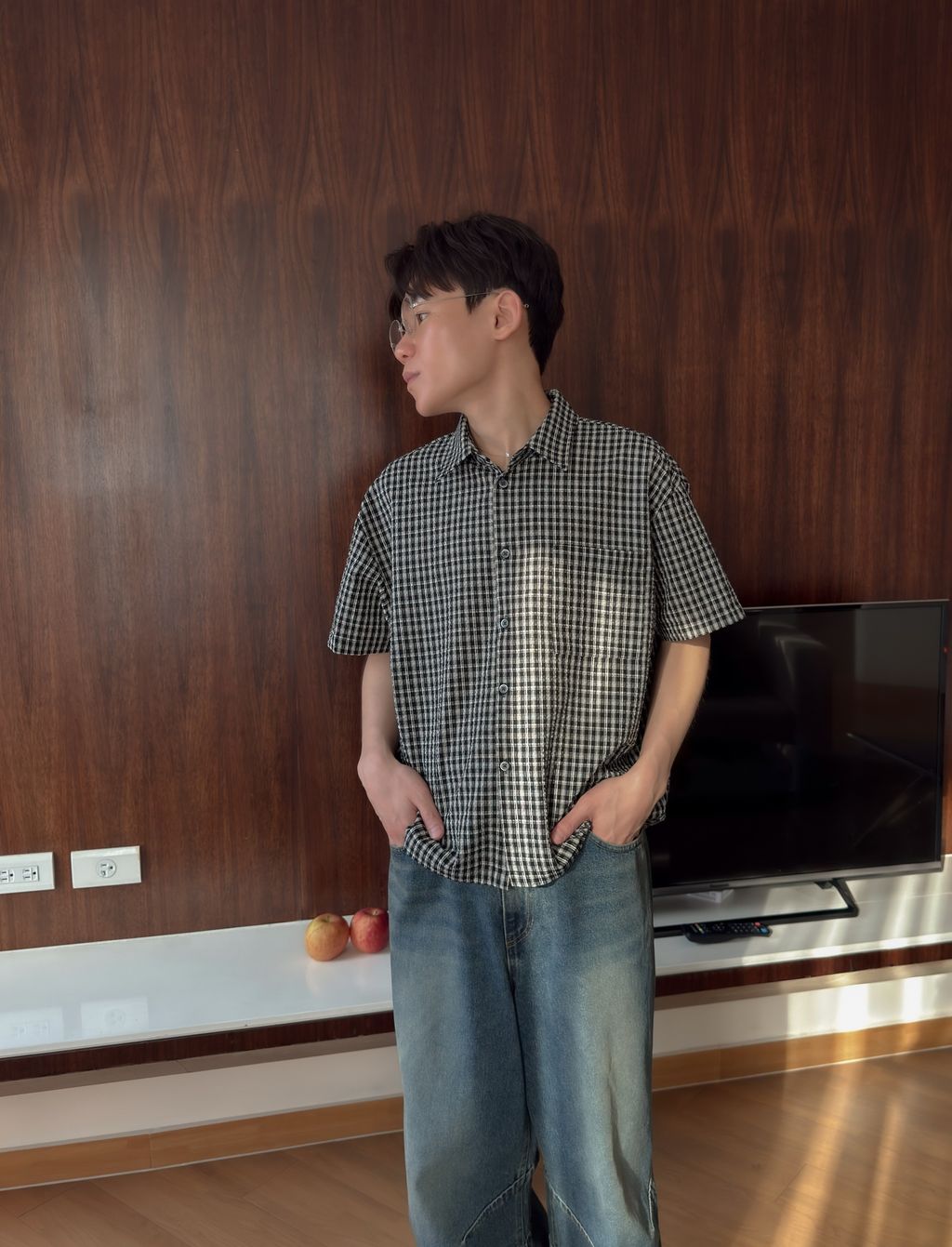 OPPAKOREA 泡泡紗格紋短版短袖襯衫 (3色)