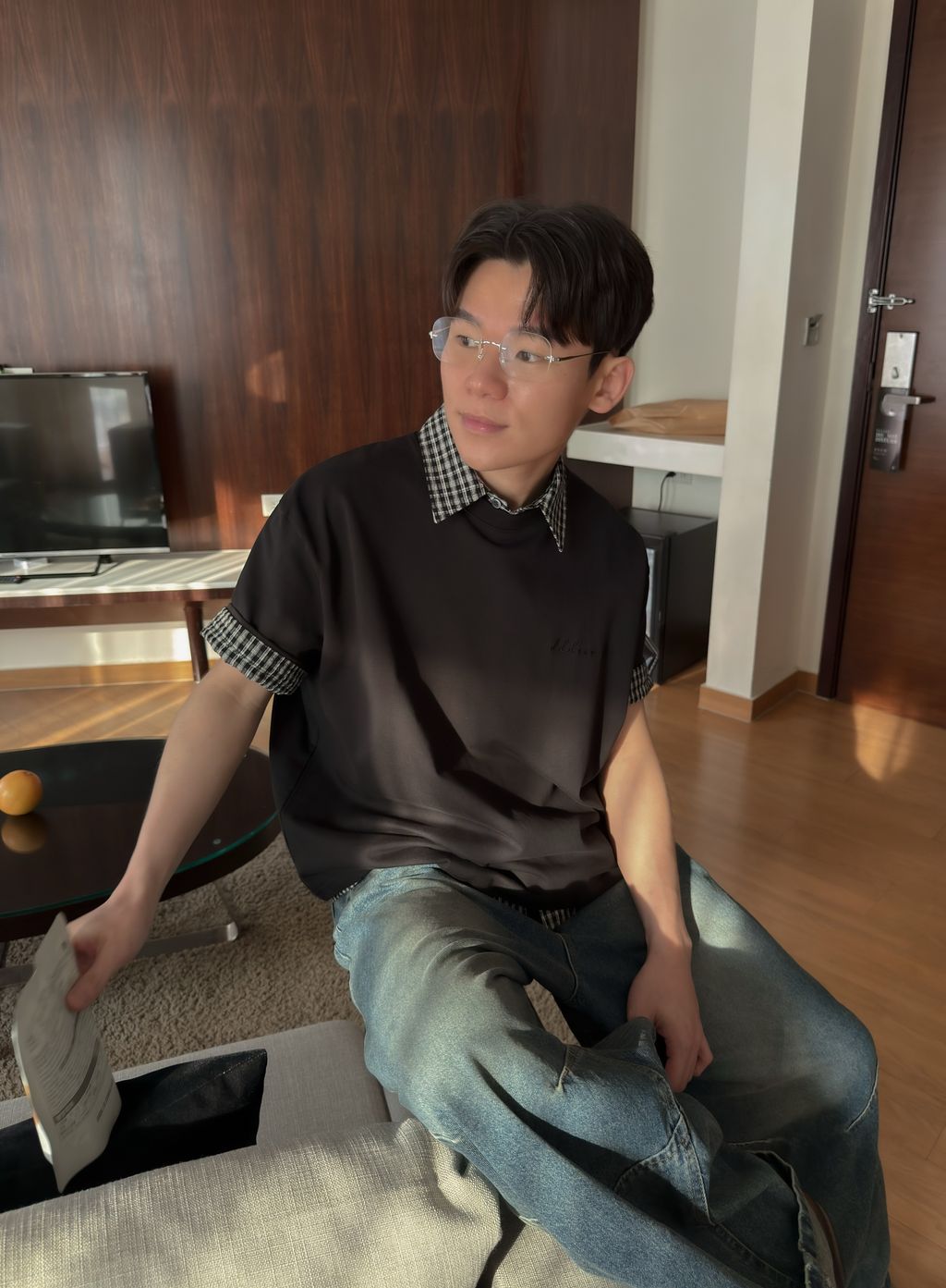 OPPAKOREA 泡泡紗格紋短版短袖襯衫 (3色)
