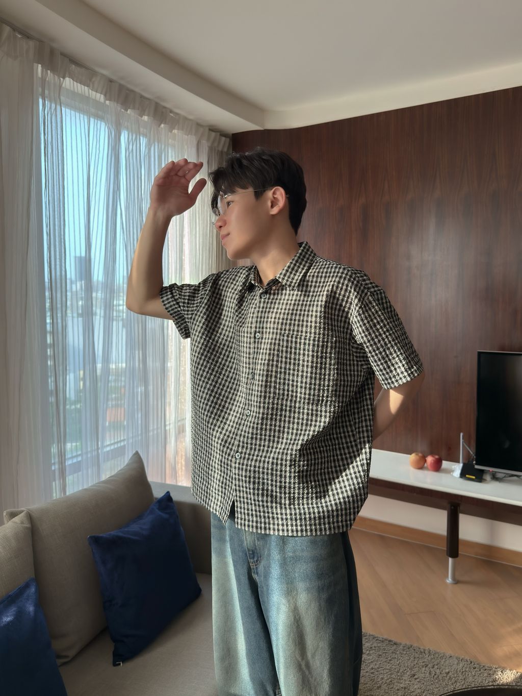 OPPAKOREA 泡泡紗格紋短版短袖襯衫 (3色)