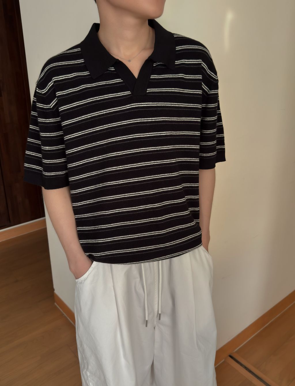 OPPAKOREA 無扣開領條紋針織短衫 (3色)