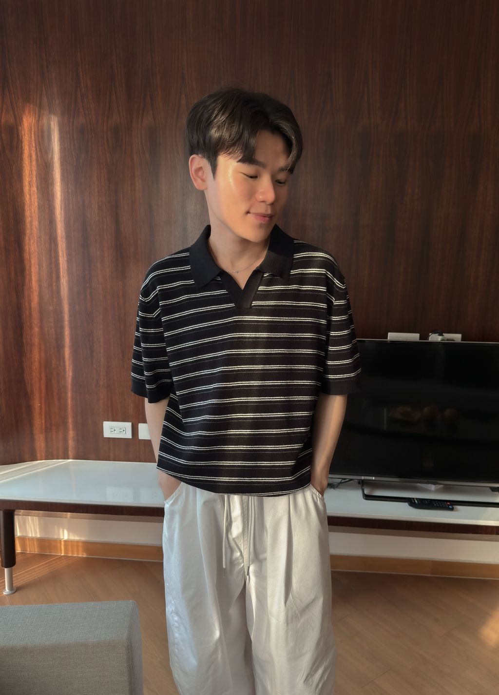 OPPAKOREA 無扣開領條紋針織短衫 (3色)