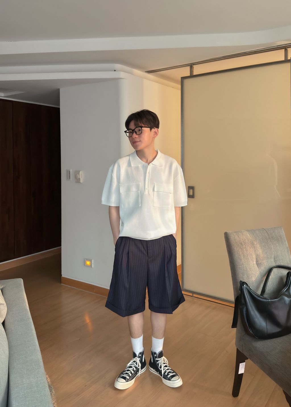 OPPAKOREA 兩褶條紋反摺西裝短褲 (3色)