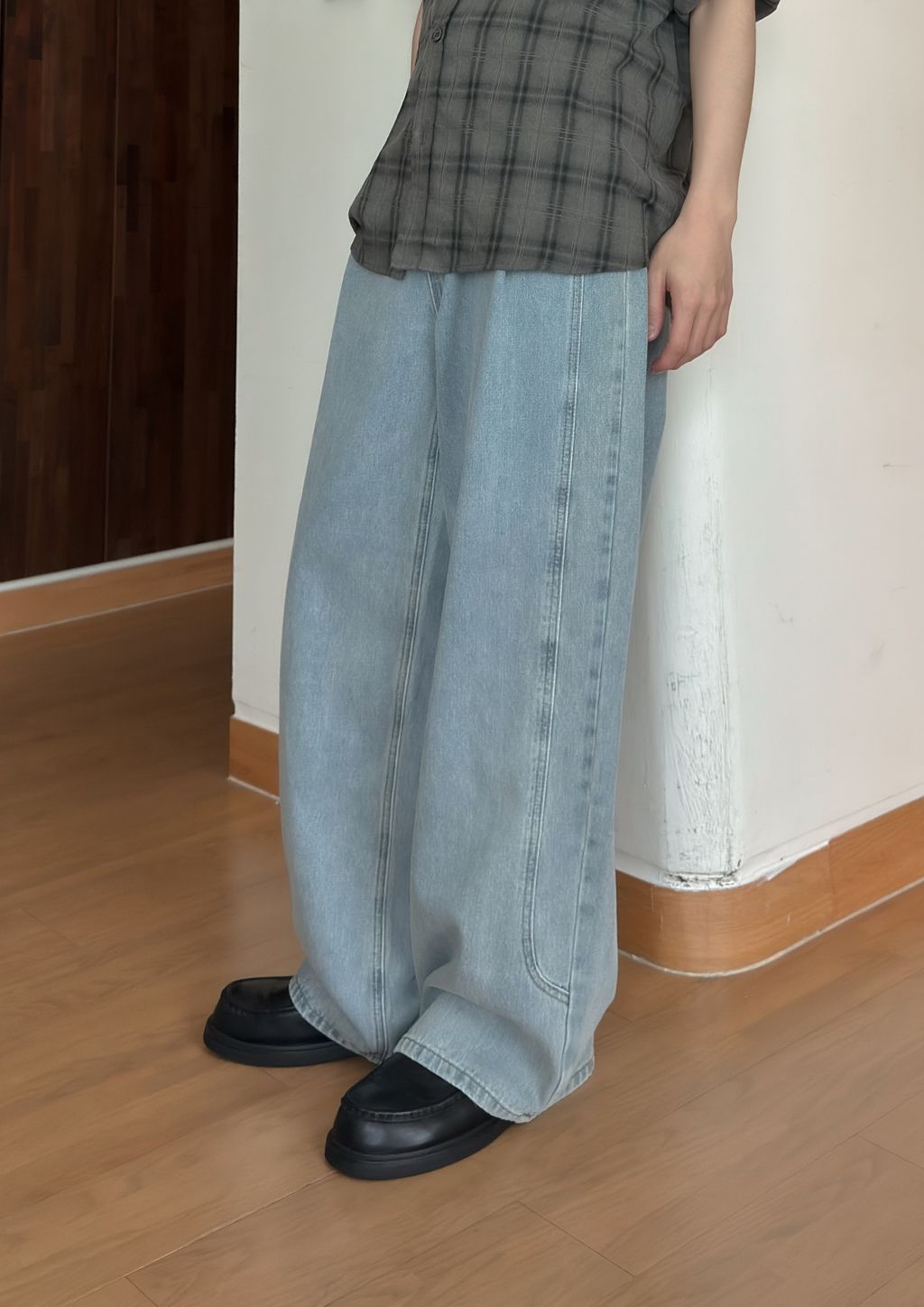 OPPAKOREA 打褶側邊弧線牛仔寬褲