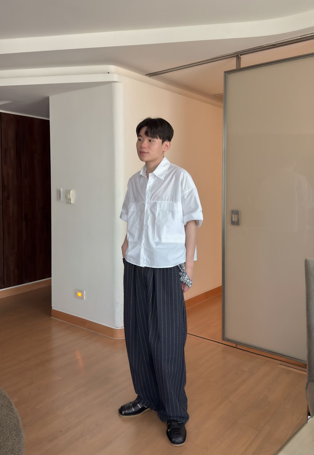 OPPAKOREA Easy 亞麻打褶條紋寬褲 (2色)