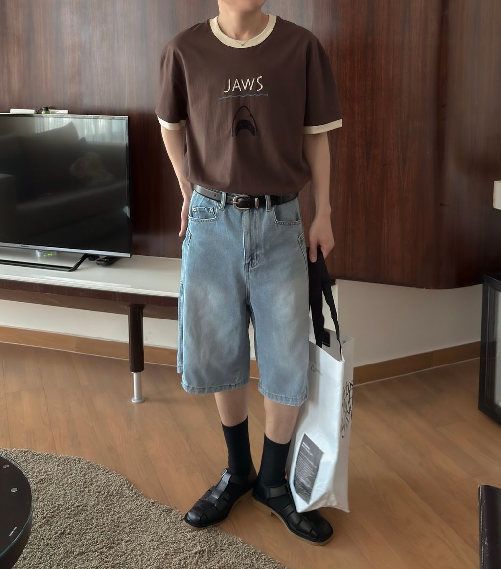 OPPAKOREA 大白鯊緞面繡滾邊短T (2色)