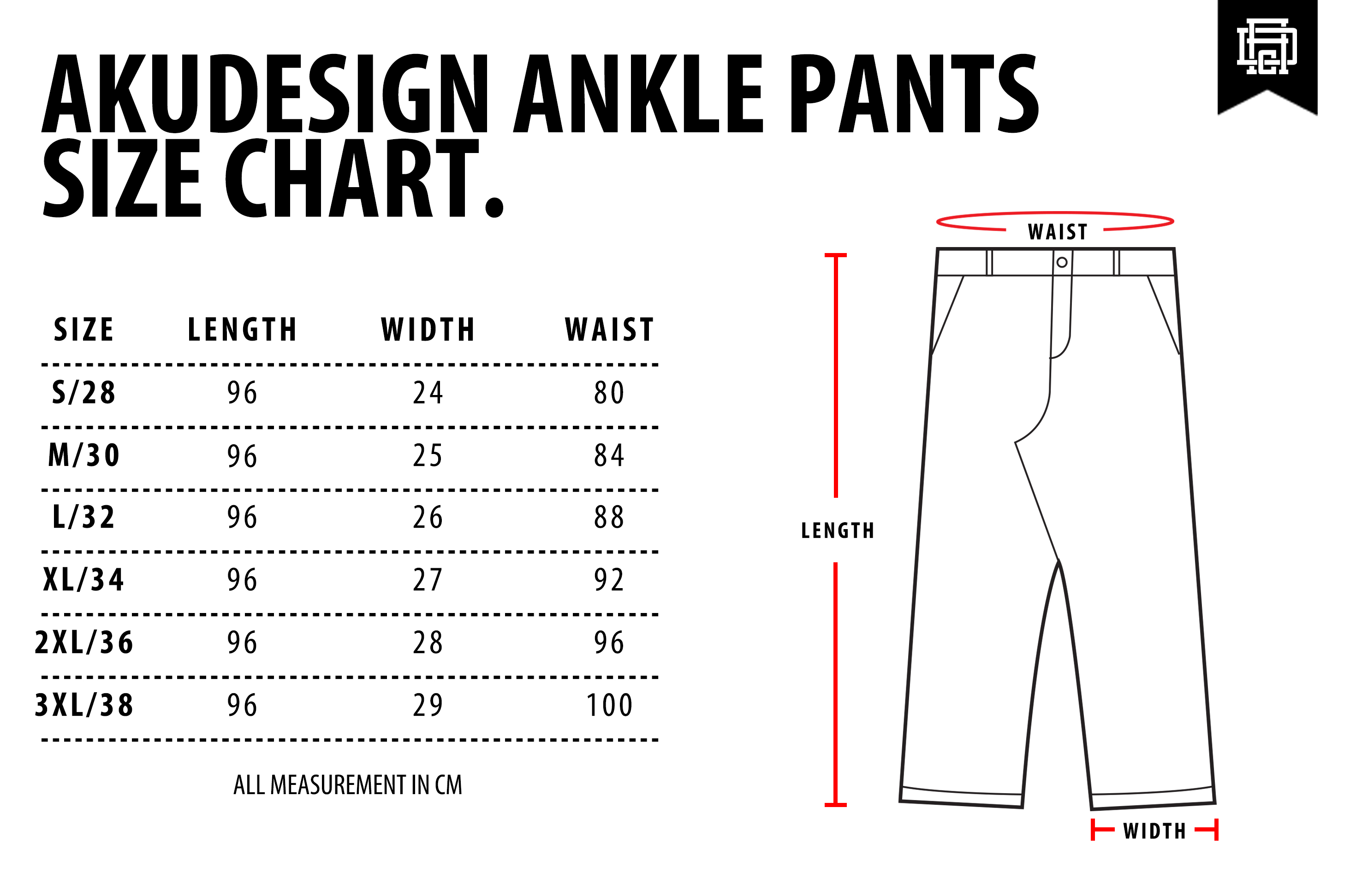 Ankle Pants Size Chart - WF